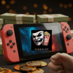 Frustrated hand near a Nintendo Switch 2 mock-up with gold coins and stacks of money, emphasizing a high price