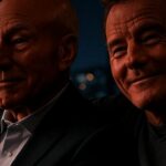 Split image showing a thoughtful Patrick Stewart as Professor X on one side, and a contemplative Bryan Cranston on the other, representing the X-Men reboot casting discussion