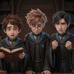 Stylized, animated depiction of young Harry Potter, Ron Weasley, and Hermione Granger (or similar characters) looking shocked or distraught while reading a book in a library setting, with Harry holding the book.