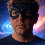 A man in a black superhero mask with a tired expression, against a cosmic, chaotic background.