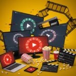 A chaotic illustration of a streaming setup with multiple screens (TV, laptop, tablet, phone) displaying buffering wheels and error messages. Popcorn is spilled, a drink is knocked over, and a clapperboard is broken, all against a distorted yellow background with film strips.