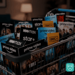 A digital shopping cart overflowing with streaming titles, representing Amazon Prime Video's confusing and cluttered interface.