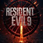 A circular, shattered Resident Evil 9 logo, with glowing cracks and molten core, surrounded by embers and fire on a dark, desolate ground, symbolizing the series being broken and in turmoil.