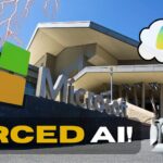 Microsoft HQ building under stormy sky with lightning, an AI droid thinking about the Co-pilot logo, and text 'FORCED AI!'