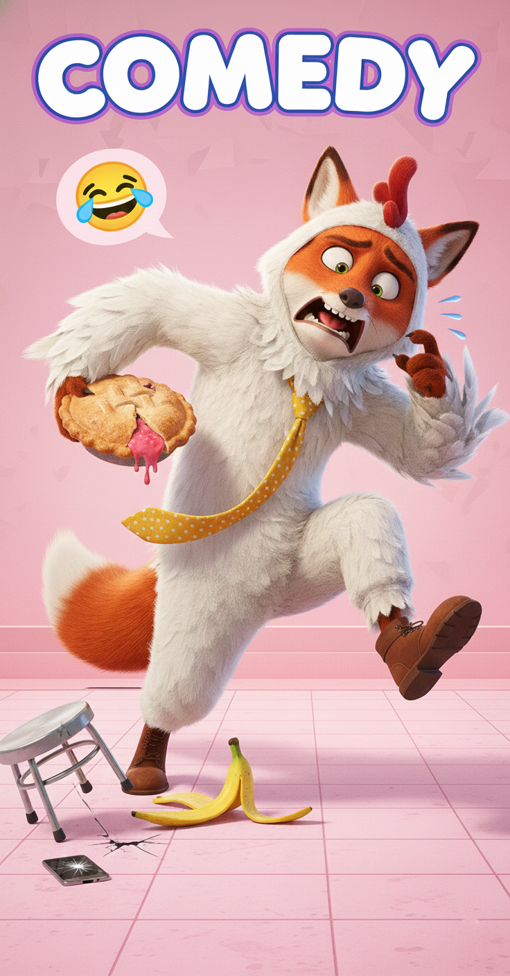Comedy Genre Art, featuring Cinefox in a overly large chicken costume, getting ready to throw a pie but slips on a banana peel, and stumbles over a stool. The room is covered in punk and the Word Comedy is in White Bubble letters.