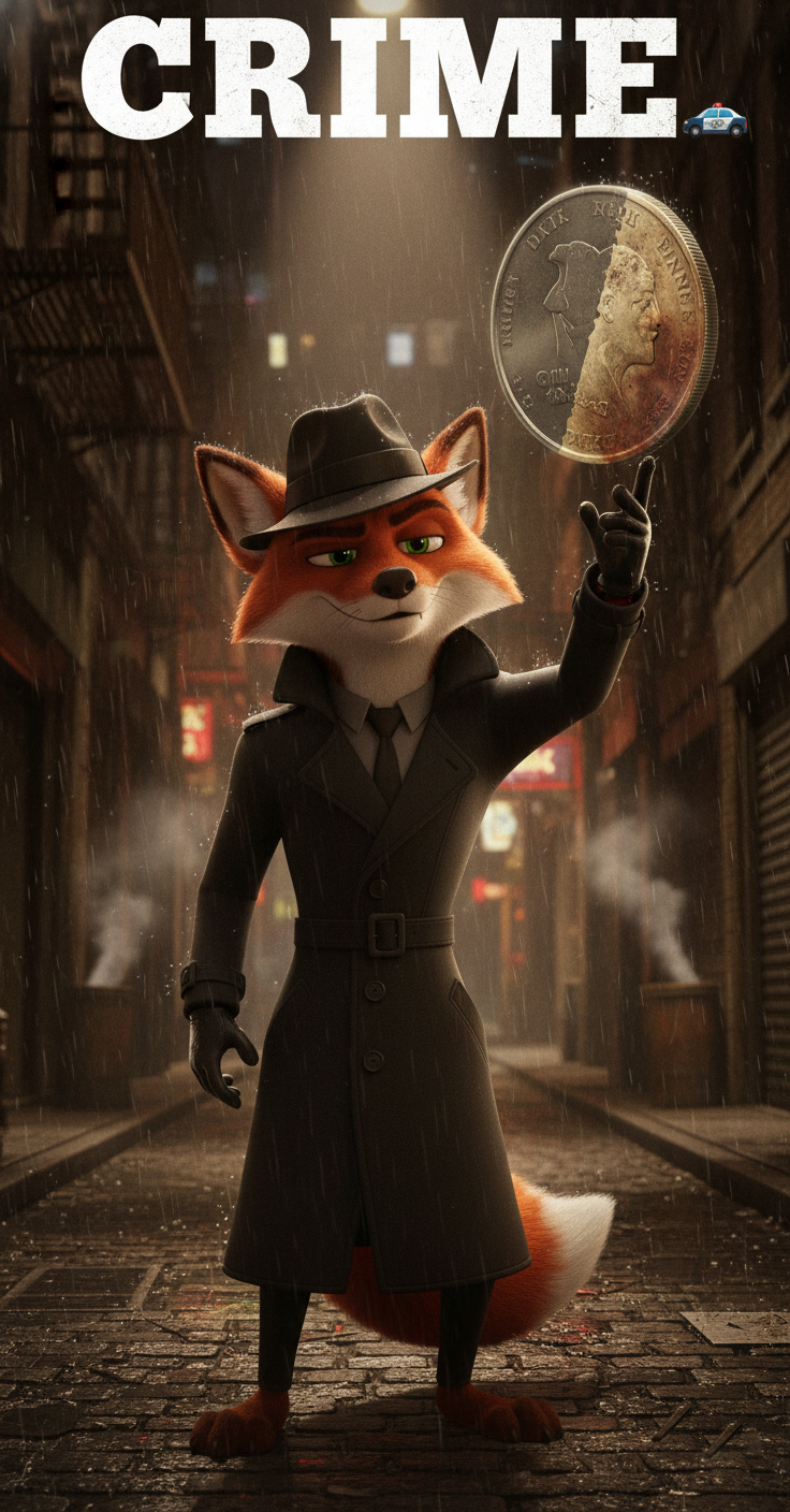 Crime Genre Art, featuring Black Spy Cinefox in a trench coat flipping an overly large "Two-face" coin a in a dark, stylized city street under the a white tite word "CRIME."