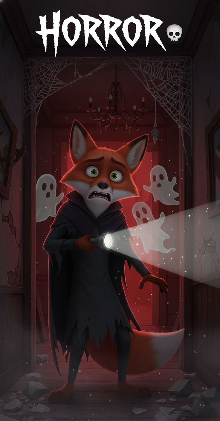 CineFox character looking scared, holding a flashlight in a red-lit haunted mansion with white ghosts under the title "HORROR."