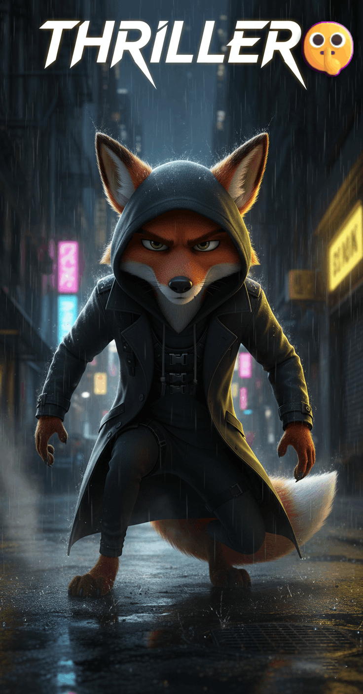 Black spy CineFox character in a trench coat and hoodie in a rain-slicked city street, representing the Thriller genre.