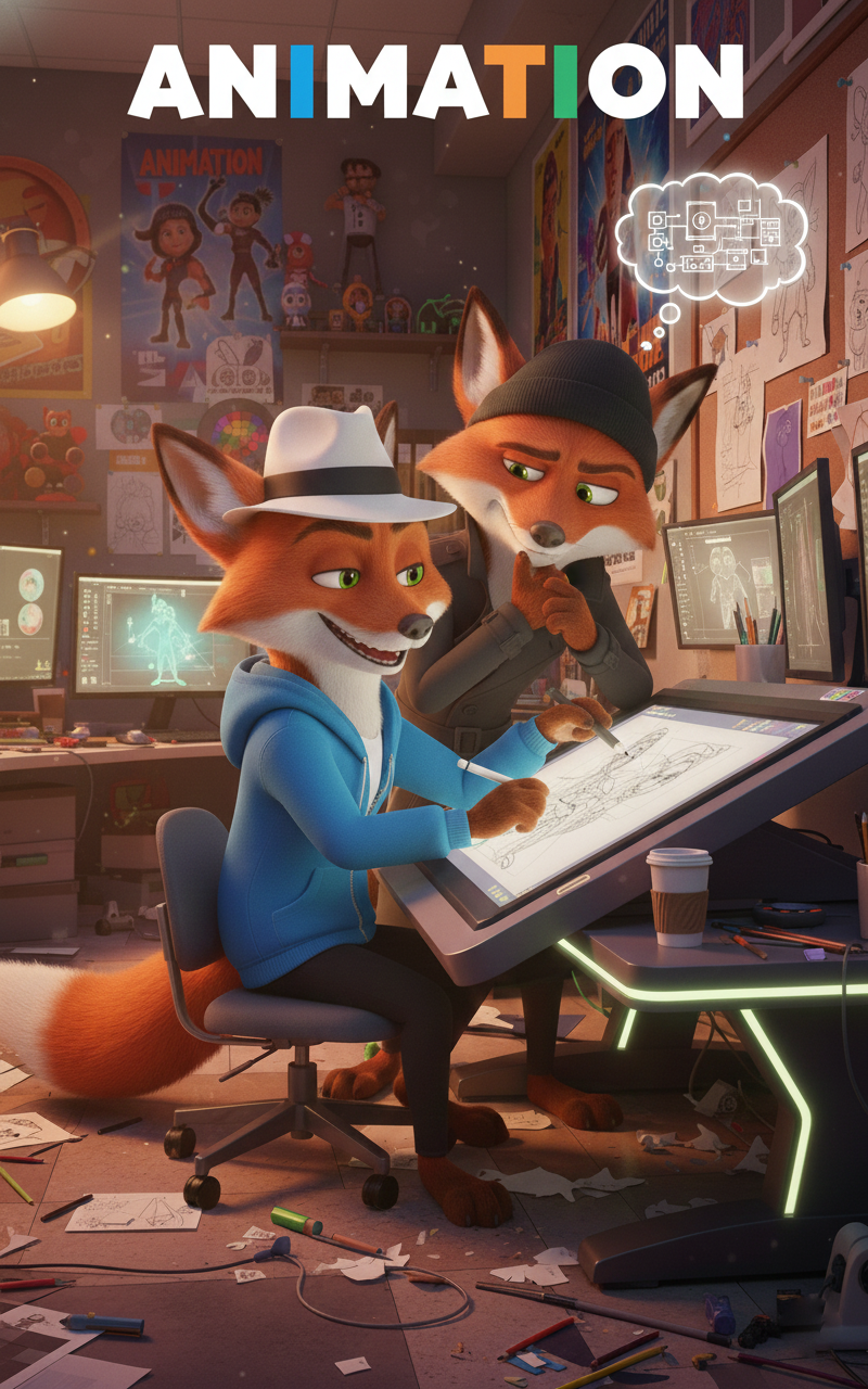 White Spy Cinefox and Black Spy Cinefox hanging out around an animation artboard. White Spy is wearing a Blue fuzzy hoody and his white fedora. Black Spy is wearing black trenchcoat and a black beanie. The room they are in has chaotic remnants and crumpled papers and debris on the floor.