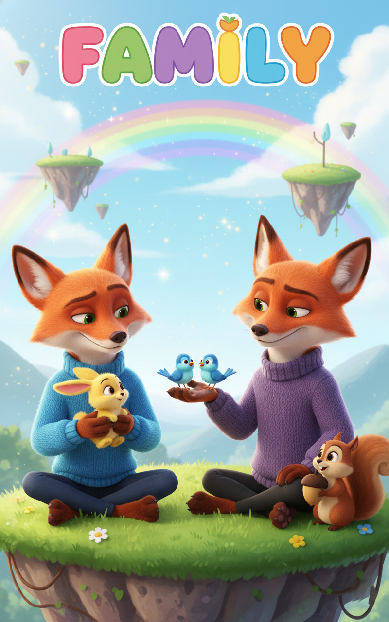 Two adult CineFox characters with a small rabbit and a squirrel sitting on a floating island under the title "FAMILY."