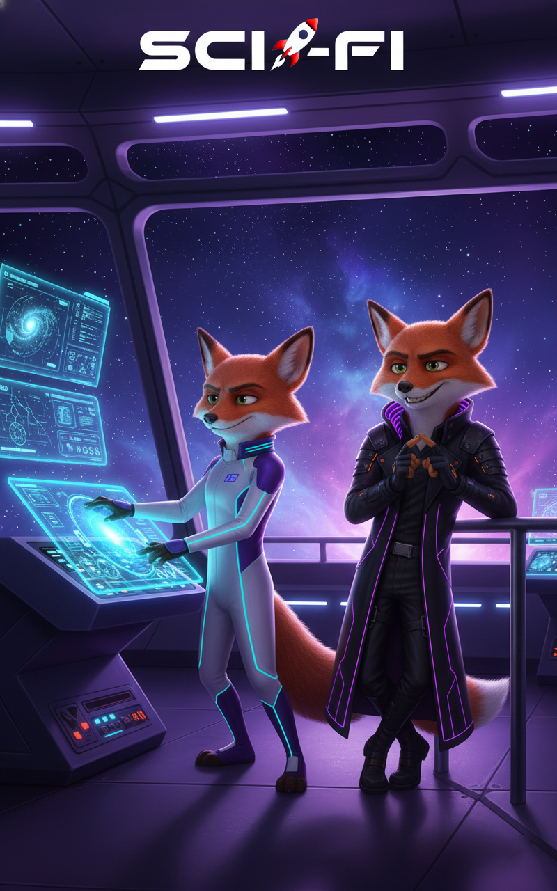 Two CineFox characters on a spaceship bridge, one in a white futuristic suit and the other in a black trench coat, under the title "SCI-FI."