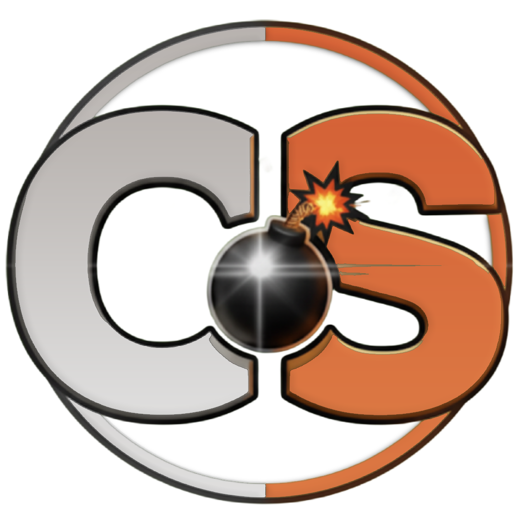 Cinesist's Brand Icon. White Stylized C and Orange Stylized S in a duo tone circle, and a cartoon bomb in the center.