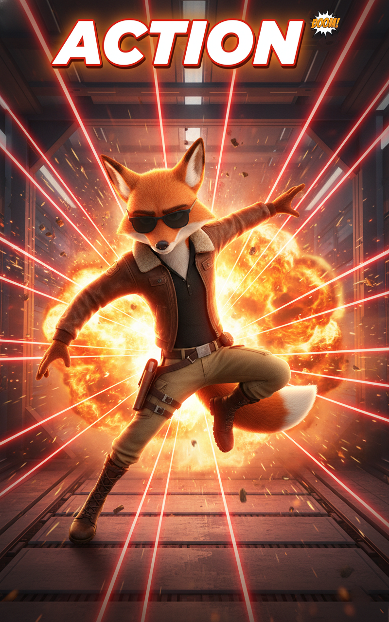 Action Genre Art, featuring Cinefox in an action star outfit with a laser grid and massive explosion in the background.
