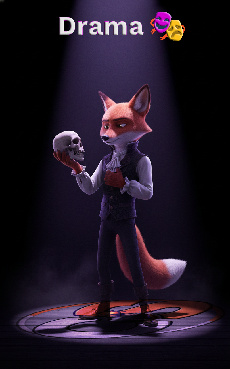 CineFox character dressed in a waistcoat and vest, holding a human skull in a spotlight, representing theatrical Drama.