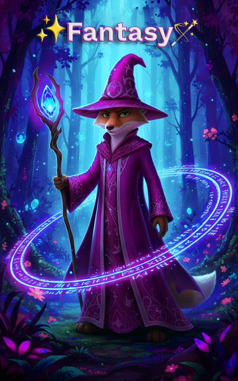 CineFox wizard in a purple robe holding a glowing staff, surrounded by magic runes in a mystical forest under the title "Fantasy."