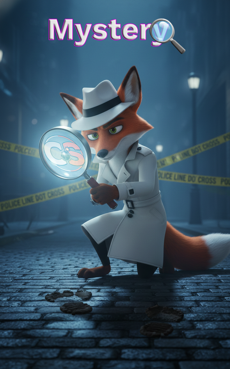 White-suited CineFox detective holding a glowing magnifying glass in a dark, wet city street with police tape, representing the Mystery genre.