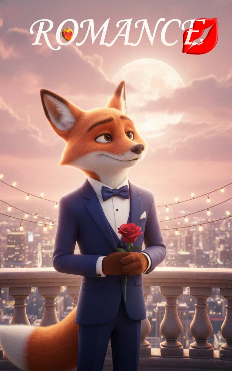 CineFox character in a tuxedo holding a red rose on a balcony under a full moon, representing the Romance genre. Under the Title word "ROMANCE"