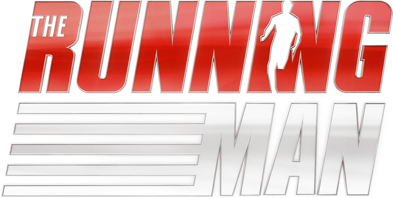 The Running Man Movie Logo, Features Running in Red Gradient, and the Man with a motion display in white.