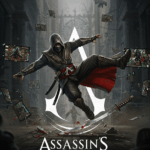 Cartoonish depiction of a ninja tripping and falling awkwardly onto a broken katana, with distorted video game screens and the Assassin's Creed Shadows logo in the background, symbolizing a failed game launch.