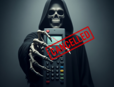 grim reaper holding TV remote with 'CANCELLED' stamp on screen