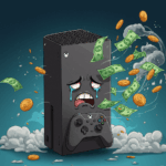 Sad XBox console with money flying around it