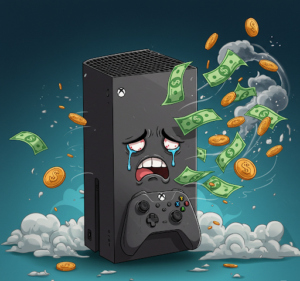 Sad XBox console with money flying around it