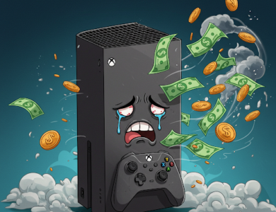 Sad XBox console with money flying around it
