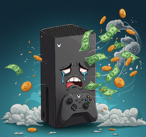 Sad XBox console with money flying around it