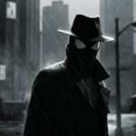 Spider-Noir, a shadowy figure in a trench coat and fedora, stands in a rain-slicked, black and white city.