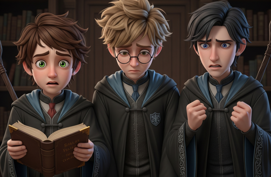 Stylized, animated depiction of young Harry Potter, Ron Weasley, and Hermione Granger (or similar characters) looking shocked or distraught while reading a book in a library setting, with Harry holding the book.