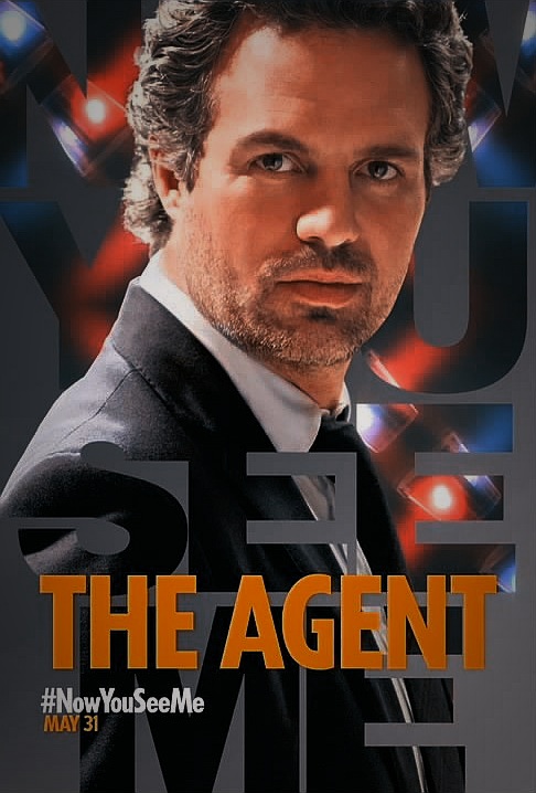 Mark Ruffalo as Dylan Rhodes in a dark, stylized "Now You See Me" character poster, labeled "THE AGENT" in red-orange text.