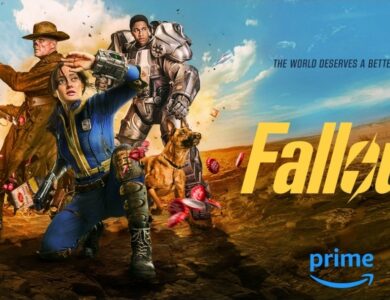 Dynamic poster for Amazon Prime Video's Fallout series, featuring Lucy (Ella Purnell), The Ghoul (Walton Goggins), Maximus (Aaron Moten) in Power Armor, and Dogmeat, all standing heroically in a desolate wasteland. The tagline "THE WORLD DESERVES A BETTER ENDING" is visible.