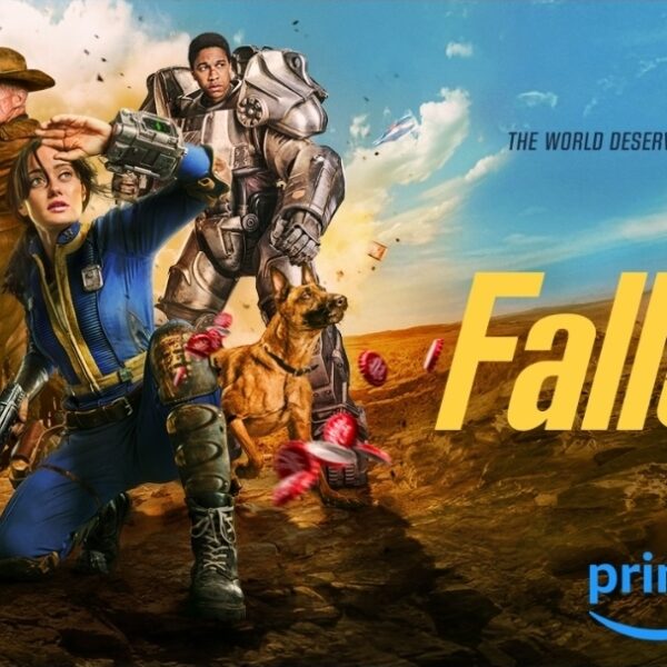 Dynamic poster for Amazon Prime Video's Fallout series, featuring Lucy (Ella Purnell), The Ghoul (Walton Goggins), Maximus (Aaron Moten) in Power Armor, and Dogmeat, all standing heroically in a desolate wasteland. The tagline "THE WORLD DESERVES A BETTER ENDING" is visible.