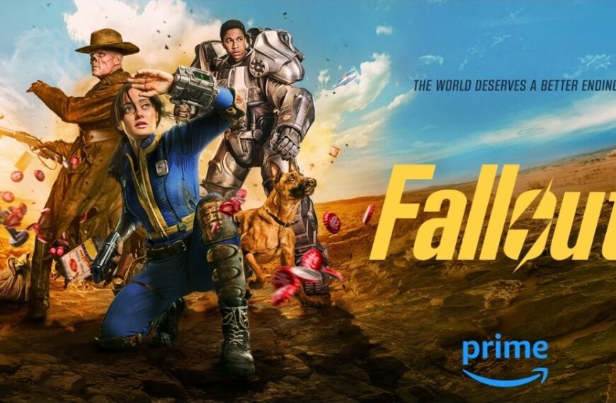 Dynamic poster for Amazon Prime Video's Fallout series, featuring Lucy (Ella Purnell), The Ghoul (Walton Goggins), Maximus (Aaron Moten) in Power Armor, and Dogmeat, all standing heroically in a desolate wasteland. The tagline "THE WORLD DESERVES A BETTER ENDING" is visible.