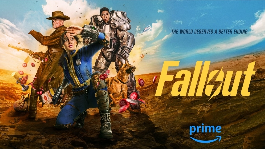 Dynamic poster for Amazon Prime Video's Fallout series, featuring Lucy (Ella Purnell), The Ghoul (Walton Goggins), Maximus (Aaron Moten) in Power Armor, and Dogmeat, all standing heroically in a desolate wasteland. The tagline "THE WORLD DESERVES A BETTER ENDING" is visible.