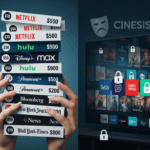 Hands struggling to hold a tall stack of digital bills with streaming service and news outlet logos like Netflix, HBO Max, NYT, and WSJ, against a background of a cluttered TV screen with app icons and padlocks. A Cinesist grumpy mask logo is in the corner.
