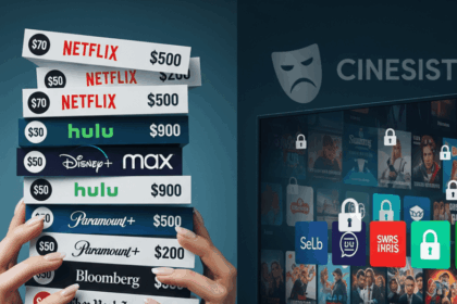 Hands struggling to hold a tall stack of digital bills with streaming service and news outlet logos like Netflix, HBO Max, NYT, and WSJ, against a background of a cluttered TV screen with app icons and padlocks. A Cinesist grumpy mask logo is in the corner.