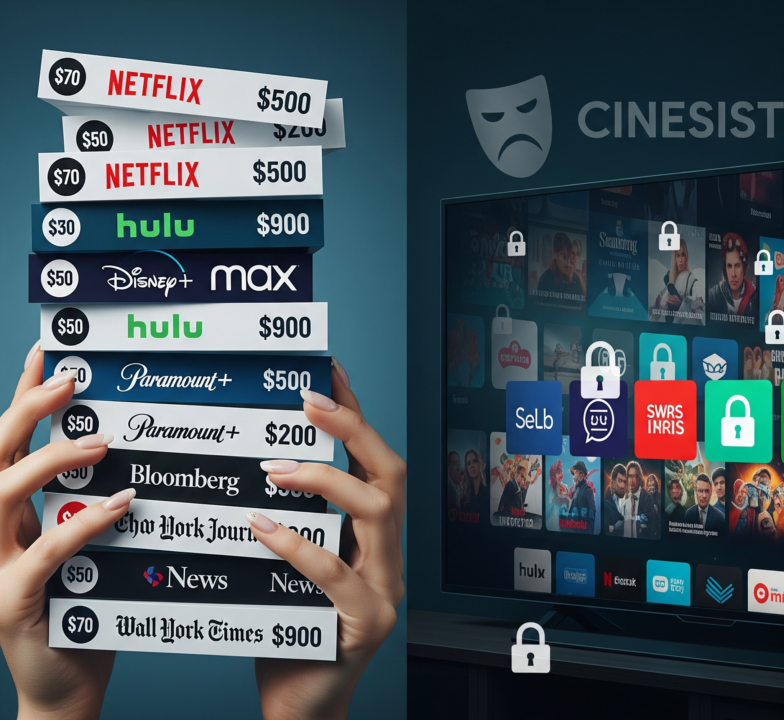 Hands struggling to hold a tall stack of digital bills with streaming service and news outlet logos like Netflix, HBO Max, NYT, and WSJ, against a background of a cluttered TV screen with app icons and padlocks. A Cinesist grumpy mask logo is in the corner.
