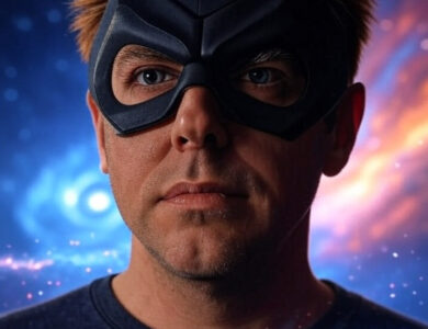 A man in a black superhero mask with a tired expression, against a cosmic, chaotic background.