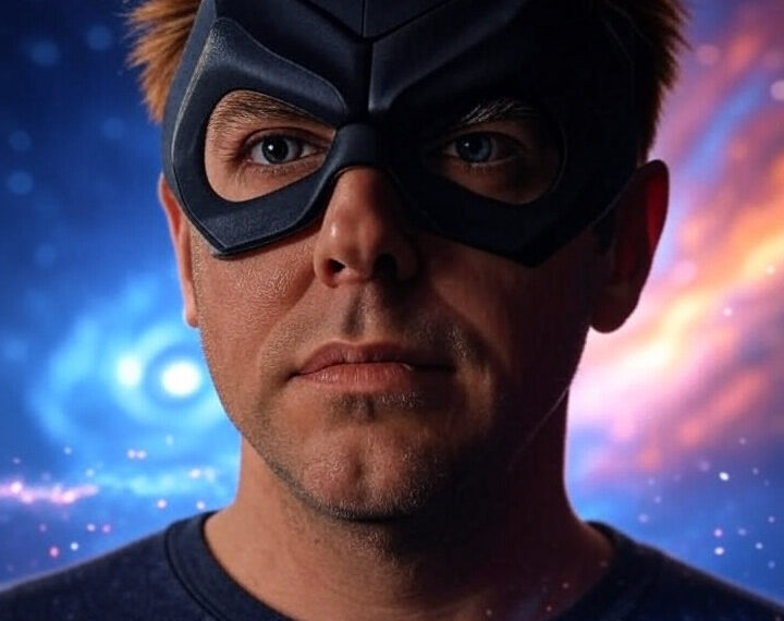 A man in a black superhero mask with a tired expression, against a cosmic, chaotic background.