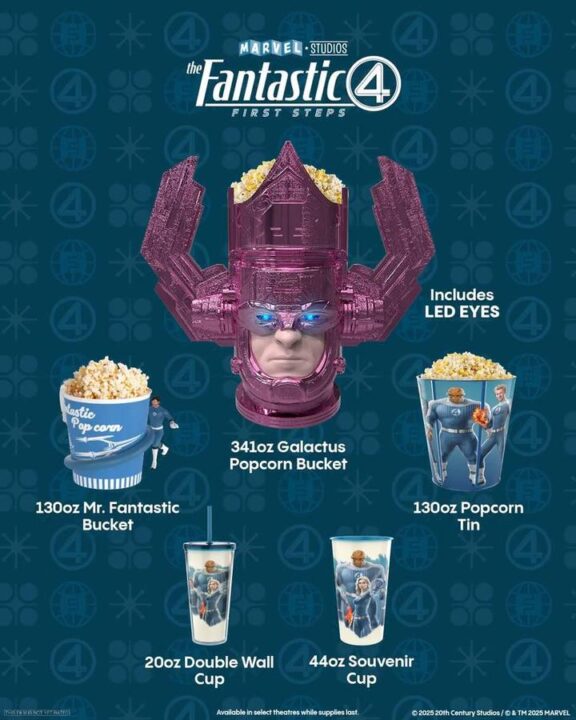 Promotional image for Marvel Studios' The Fantastic Four: First Steps, showcasing various movie theater merchandise including a large Galactus popcorn bucket with LED eyes, a Mr. Fantastic bucket, a popcorn tin, double-wall cup, and souvenir cup.