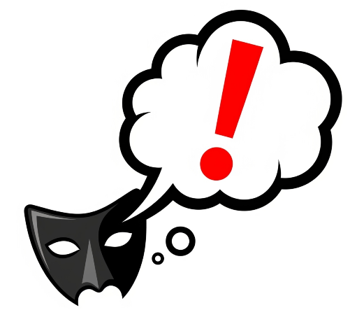 The Cinesist mask logo with a large thought bubble containing a red exclamation mark, prompting user engagement.