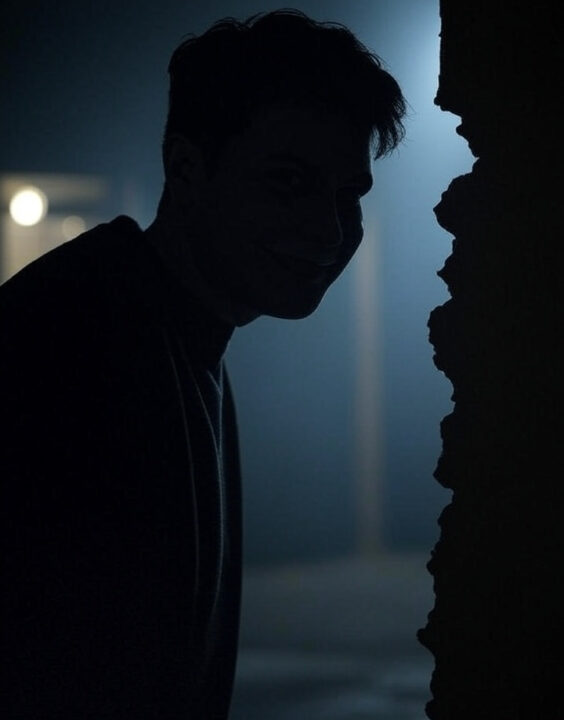 A high-contrast silhouette of a person emerging from deep shadow, looking into the camera with a subtle, mischievous grin, conveying a knowing and conspiratorial fourth-wall-breaking vibe.