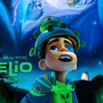 Elio movie poster featuring the main character Elio looking up at abstract alien figures with Disney Pixar logo.