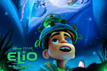 Elio movie poster featuring the main character Elio looking up at abstract alien figures with Disney Pixar logo.