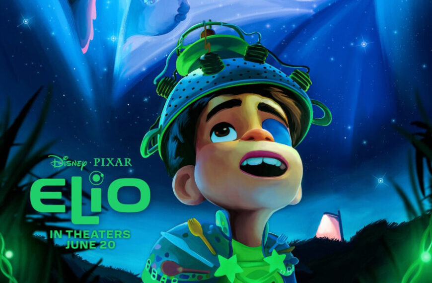 Elio movie poster featuring the main character Elio looking up at abstract alien figures with Disney Pixar logo.
