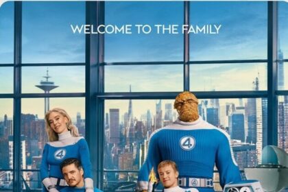 The cast of Fantastic Four: First Steps (Pedro Pascal, Vanessa Kirby, Joseph Quinn, Ebon Moss-Bachrach as The Thing) sits on a yellow couch in blue and white suits, with a retro robot. They are in a modern building overlooking a cityscape, with the text 'WELCOME TO THE FAMILY'.