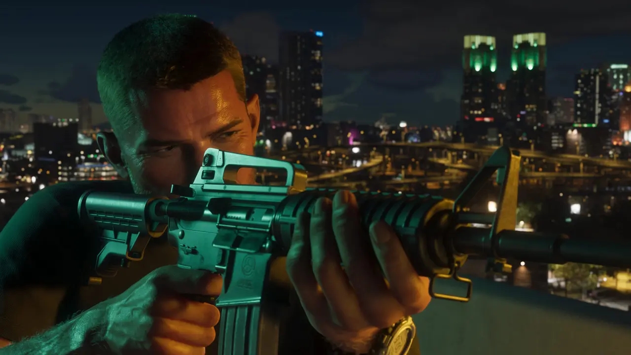 Jason from GTA 6 aiming an assault rifle with a focused expression, against a blurred backdrop of Vice City's skyline at night.
