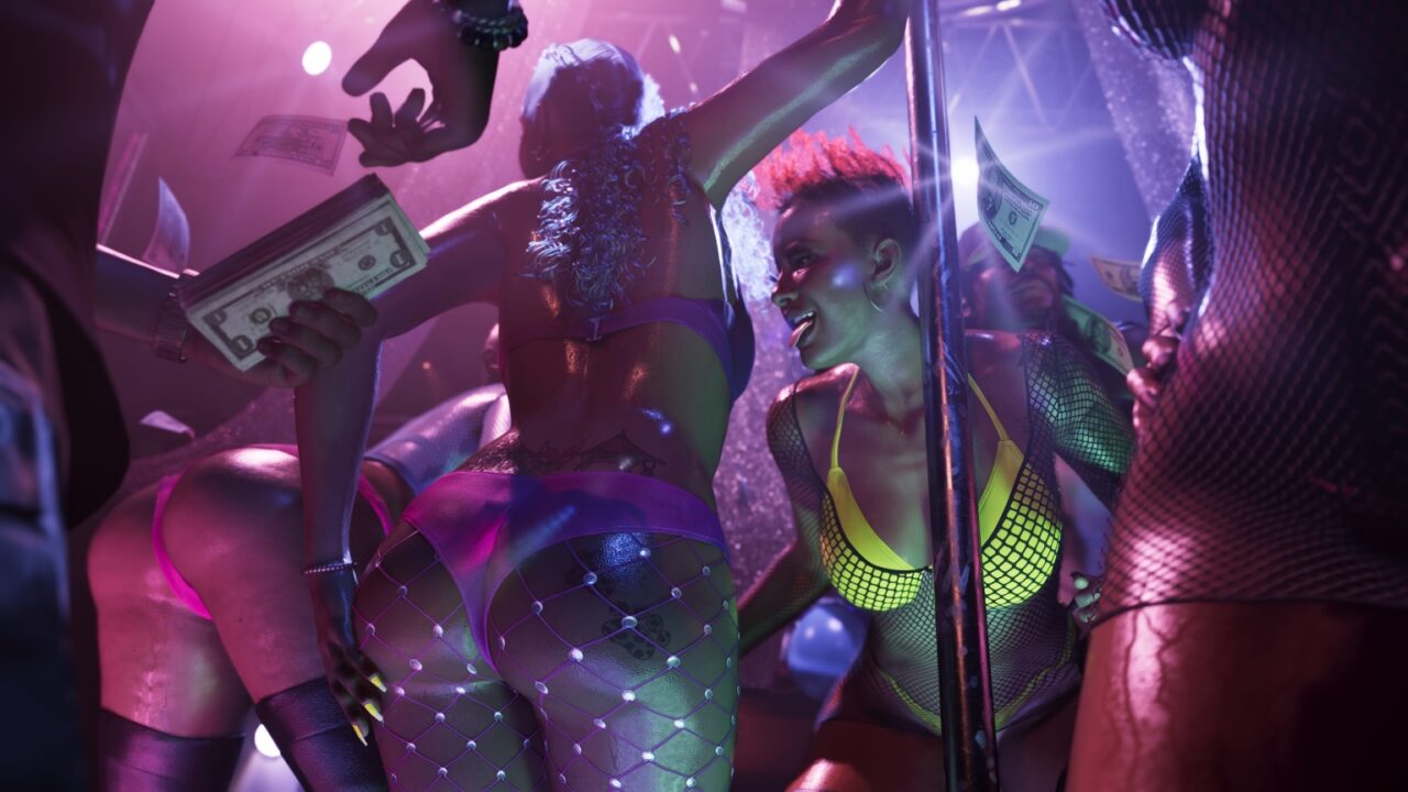 Interior of a neon-lit strip club in Vice City from GTA 6, with dancers on poles and money flying.