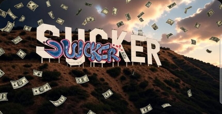 The iconic Hollywood sign on a hill, with the word "SUCKER" spray-painted in bold, graffiti-style letters across its face, while dollar bills rain down from a dramatic sky.